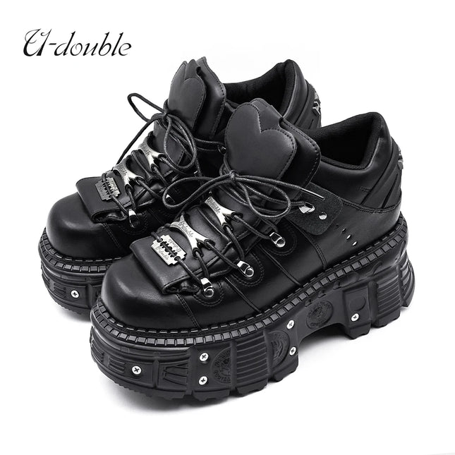 2026 New Punk Style Women Shoes Lace-up Heel Height 6CM Platform Shoes Woman Gothic Ankle Rock Boots Metal Decor Woman Sneakers