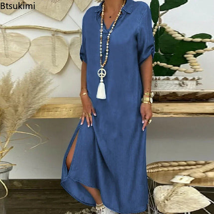Plus Size 4XL 5XL Casual Denim Dress for Women Spring Summer Dresses Lapel Split Loose Long Ladies Jeans Dress Vestidos Female