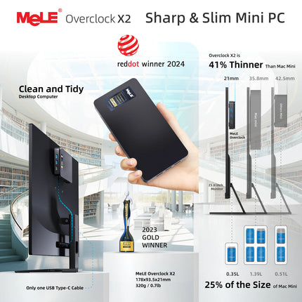 MeLE Overclock X2 Mini PC,N150 16GB 512GB Micro Desktop Computer, 4K Triple Display, All-in-one USB-C, USB3.2/WiFi/BT/Ethernet
