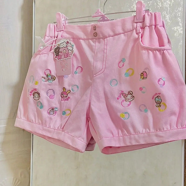 Japanische Y2K Kawaii Cartoon Häschen Druck Damen Casual Shorts Damen Elastischer Bund Hosen Taschen Gerollter Saum Casual Shorts