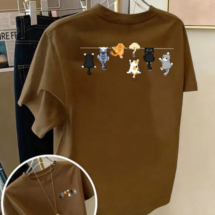 Cartoons Cats Prints T-Shirts Summer Womens Cotton T Shirts Basic O-Neck Oversized Short Sleeve Tops Casual Street Woman Clothes