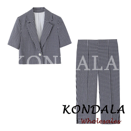 KONDALA Chic Fashion 2026 Casual Women Plaid Suit Summer Buttons Short Blazer+ Zipper Straight Long Pants Female Elegant Suits