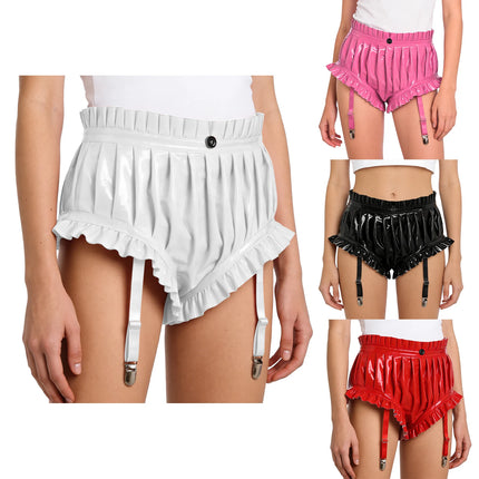 Women Wet Look Pu Leather Shorts Sexy Ruffle Ruched Booty Shorts High Waist Hot Pants Slim Fit Shorts with Garter Rave Clubwear