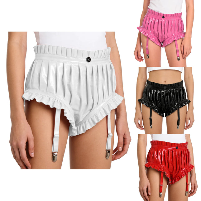 Damen Wet Look PU-Leder Shorts Sexy Rüschen geraffte Booty Shorts High Waist Hot Pants Slim Fit Shorts mit Strapsen Rave Clubwear