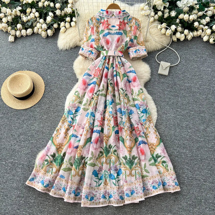 French Luxury Print Dress Women Summer Short Sleeve Waist Tie A Line Big Swing Party Banquet Evening Gown Outfit Dress Woman