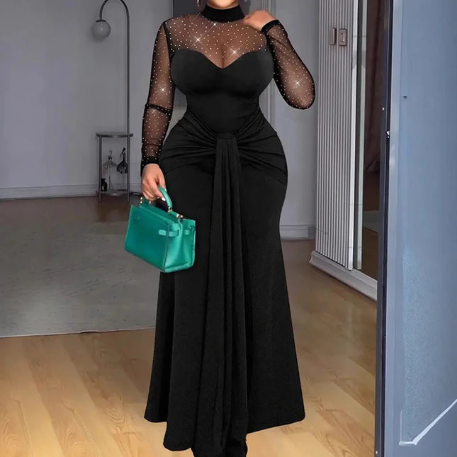 Mesh Patchwork Hohl Sexy Maxikleid, Damen Frühling Herbst Langarm Schlichtes Partykleid, Neues Stehkragen Elegantes Damenkleid