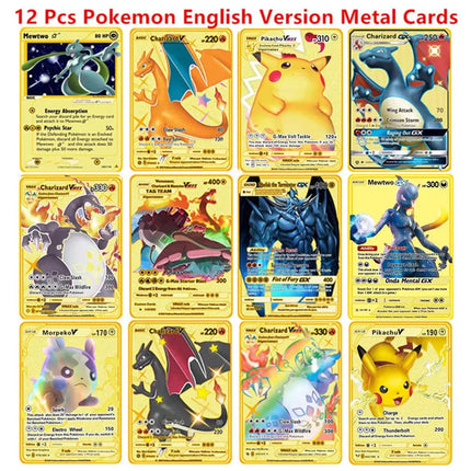 English Version Pokemon Metal Card Anime Figure Pikachu Charizard Mewtwo Battle Trading Game Collection Cards Model Toy Gifts