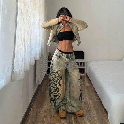 2026 Summer New Vintage Mud Fade Jeans Side Abstract Tribal Print High Waist Loose Wide Leg Euro American Daily Casual Pants