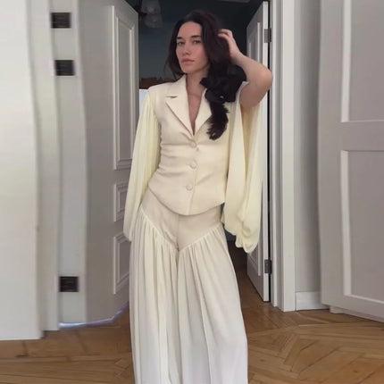 Small Lapel Women's Two Piece Set Flare Sleeve Top High Slit Long Pants Fashion Two Piece Outfit Button Waist Cinching Cardigan