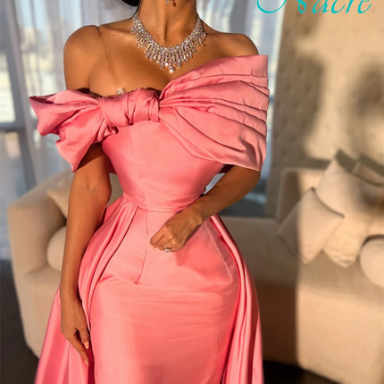 Customized Luxury Bow Boat Neck Evening Dress Simple Satin Mermaid Prom Dresses Modern Chapel Train Special Occasion Gowns