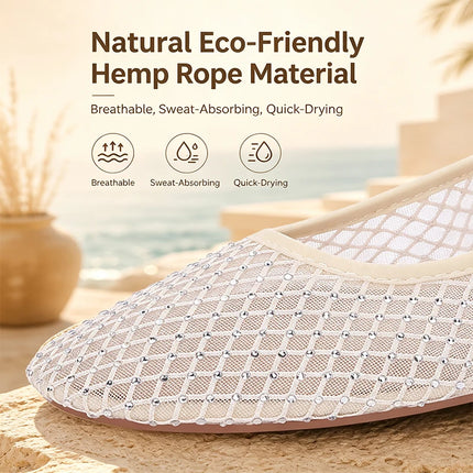 Close-up of the open mesh upper and sparkling trim on a cream Mary Jane flat