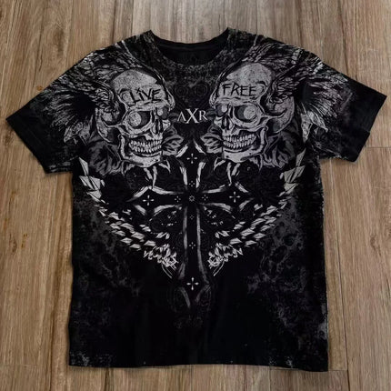 Y2K New Vintage Gothic Skull Wing Printed Long Sleeve Street Trend Pure Cotton Top Men Hip Hop Gothic Harajuku Oversize T-shirt