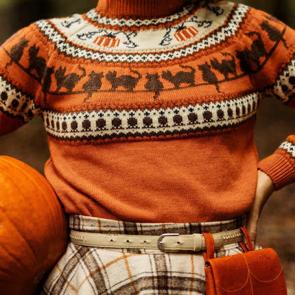 Women's Halloween Cat Pumpkin Pattern Turtleneck Knit Sweater Orange Casual Long Sleeve Pullover for Fall