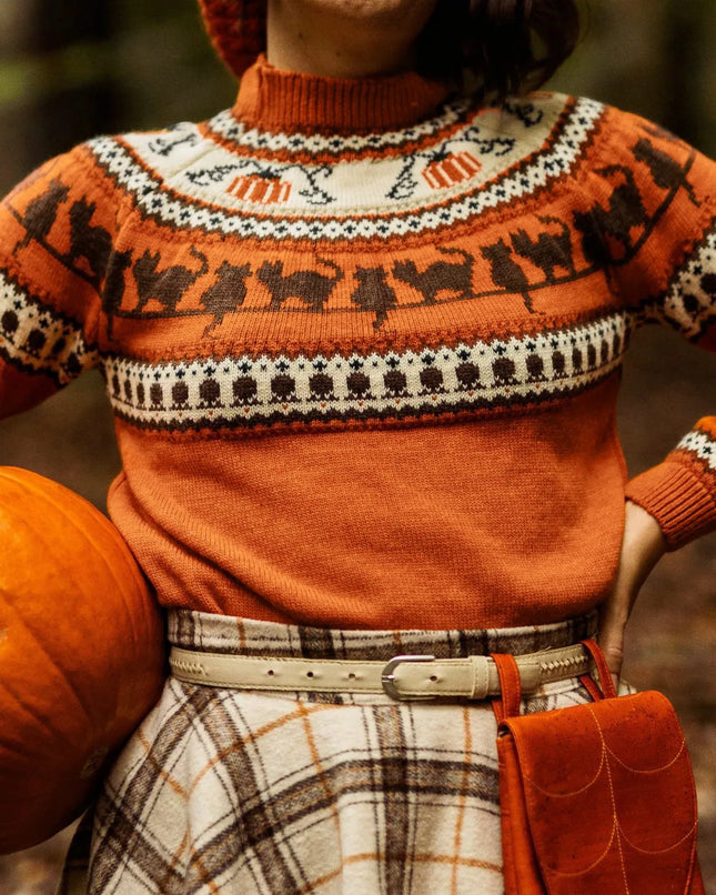 Damen Halloween Katze Kürbis Muster Rollkragen Strickpullover Orange Lässiger Langarm Pullover für den Herbst