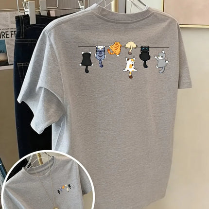 Cartoons Cats Prints T-Shirts Summer Womens Cotton T Shirts Basic O-Neck Oversized Short Sleeve Tops Casual Street Woman Clothes