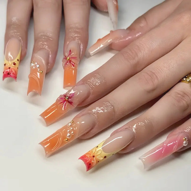 24 Uñas Postizas Largas de Bailarina con Flores 3D Decoración, Uñas Postizas Verdes Francesas a Presión, Cubierta Completa, Uñas Postizas Estilo "Spice Girl" Europeas Usables