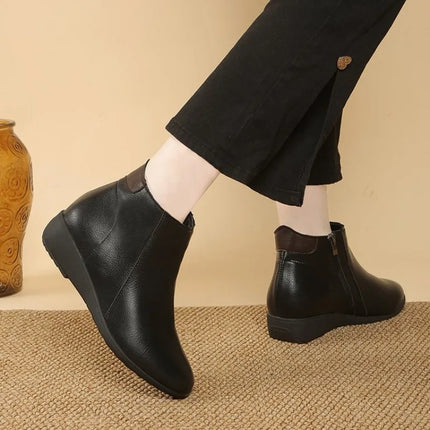 Booties Round Toe Leather Ankle Boots for Women Fur Woman Short Shoes Flat Fashion 2026 Chic and Elegant High Quality Autumn Hot