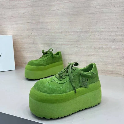 Spliced Platform Sneakers Spring New Round Toe Lace-Up Non-Slip Heightened Low-Top Single