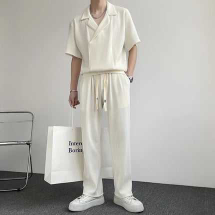2025 Summer Pleated Sets Men Fashion Casual Short Sleeved T shirt/Trousers Two-piece Mens Korean Loose Ice Silk Sets Men 3-color