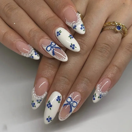 24pcs Almond False Nails Tips Summer Beach Colorful Nails Sets with Pearl Flower Design Press on Nails Art Wearable Fake Nail
