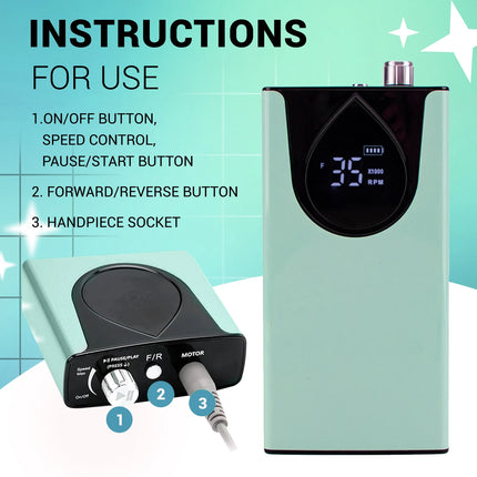 Professional Nails Drill Machine - Electric, Cordless, 35000 RPM, HD Display for Salon & Home Use (Handpiece - Mermaid)