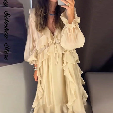 Elegant Ruffle Women's Dress Summer Solid V Neck Full Sleeve Loose Long Casual Dresses New Street Beach Vacation Robe 2026