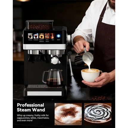 20Bar Compact Espresso Coffee Maker with Grinder and Milk Frother for Home Cappuccino Latte Americano and Iced Cold Brew
