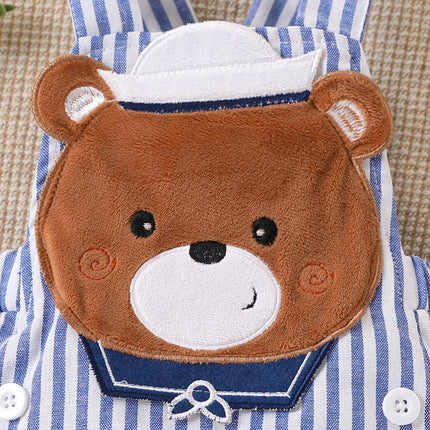 Baby Navy Style Bear Striped Romper with 3D Bear Patch, Cute and Adorable Design, Comfortable and Breathable Summer Jumpsuit