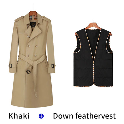 Men's trench coat long knee length with double breasted British plaid cotton lining down inner lining windbreaker mens
