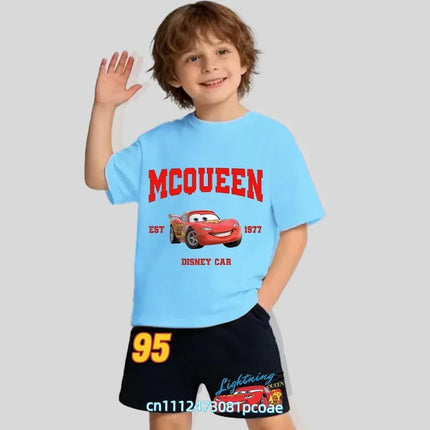 2026 Cars of the Universe Children's Pure Cotton Short-Sleeved Shorts for Boys with Cartoon Print Summer T-shirt Set of 2 Pieces
