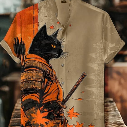 Men's Quirky Retro Cat Printed Linen Shirt Short Sleeve Fashionable Stand up Collar Outdoor Casual Party Wear