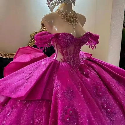 ANGELSBRIDEP Shiny Fuchsia Quinceanera Dresses With Bow Glittering Beading Lace Crystal Vestidos De 15 Anos Birthday Party Prom