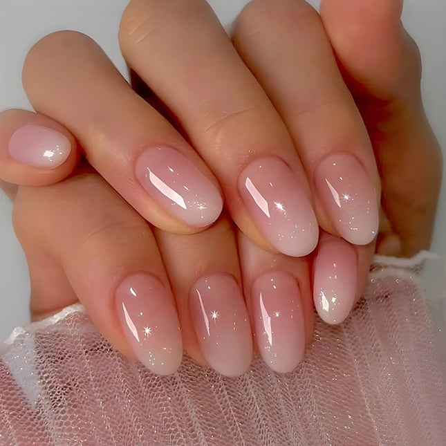 24 Pcs Uñas Postizas Cortas Ovaladas Rosas Degradadas con Acabado Brillante Cobertura Completa para Mujer y Niña, Arte de Uñas Removible y Ponible