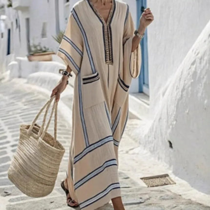 Plus Size Dress Women Boho Striped Extra Long V Neck Oversized Robe Summer Linen Beach Vacation Daily Casual Commuting Vestidos