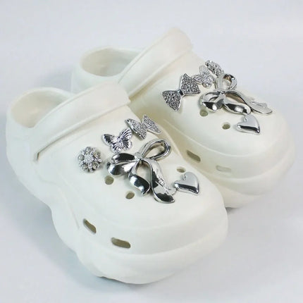 Women DIY Silver Butterfly-Knot Fashion Bow Decor Clogs Summer Sping Autumn Beach Sandals Cave Hole Garden Shoes Students Girls