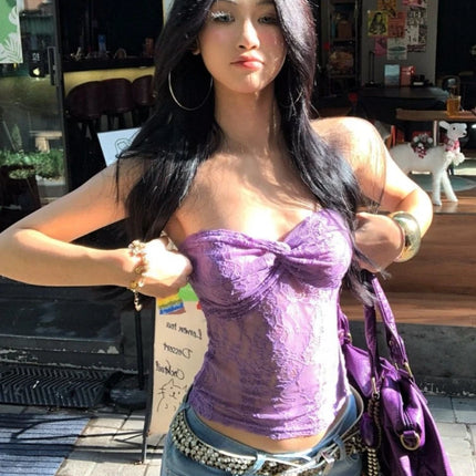 Streetwear Lace Flower Sexy Strapless Vest Women Y2k Aesthetic Bodycon Top Harajuku Grunge Vintage Pleated Camisole