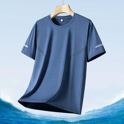 Summer Men's Silk Ice Round Collar T-shirt, Simple Running Fitness Suit, Breathable Thin T-shirt, Quick Dry T-shirt, Summer Tees