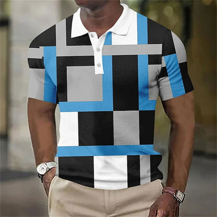 Fashion Men's Polo Shirt 3d Geometric Splicing Graphic Print Casual Mens Polo Shirt Button Lapel Short Sleeve Street Men Clothes