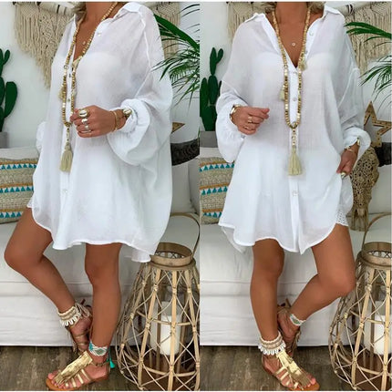 Summer Long Sleeve Shirt Women's Button Loose Casual Shirt Beach Wear Top Swim Cover Up Solid Color Loose Shirts ladies clothes