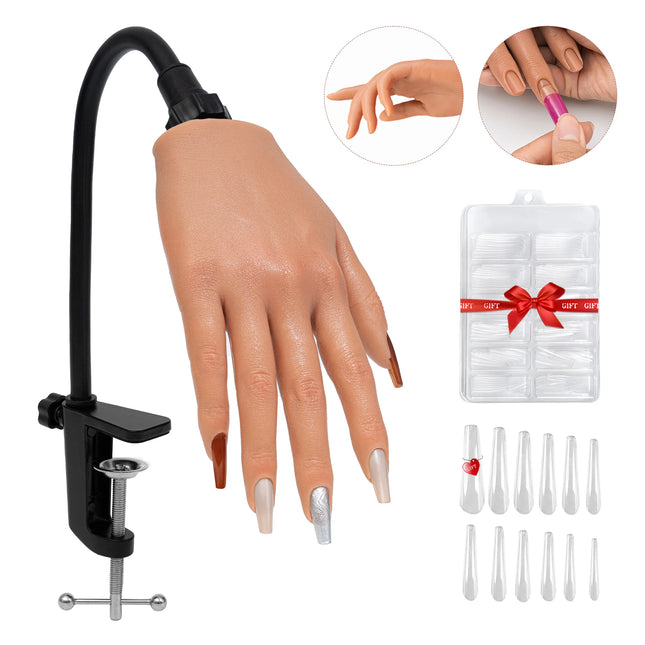Mano de práctica para uñas acrílicas, mano de entrenamiento de silicona realista con dedos flexibles, kit profesional para esmalte en gel y manicura