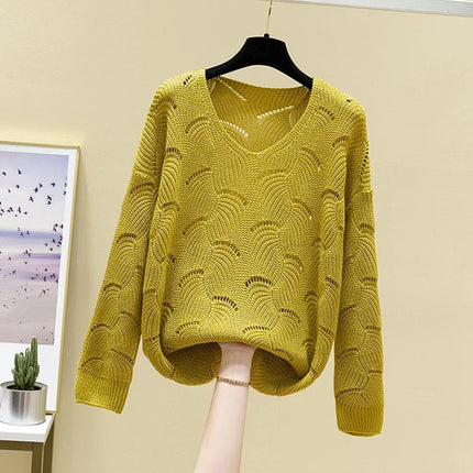 2024 Casual Elegant Sweet Autumn Winter V-neck Hollow Out Top Women's Sweater Solid  All-matching Pullover Knitwear Korean New