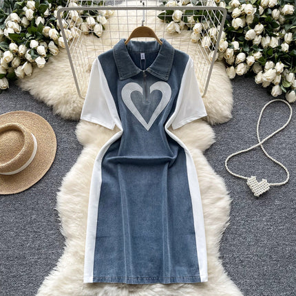 Sexy Polo neck short Sleeve cowboy PATCHWORK loose Chic Dress Birthday Party Fashion Women Clothing dresses