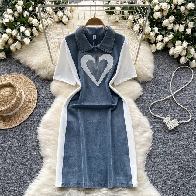 Sexy Rollkragen kurzarm Cowboy PATCHWORK lockeres schickes Kleid Geburtstag Party Mode Damen Bekleidung Kleider