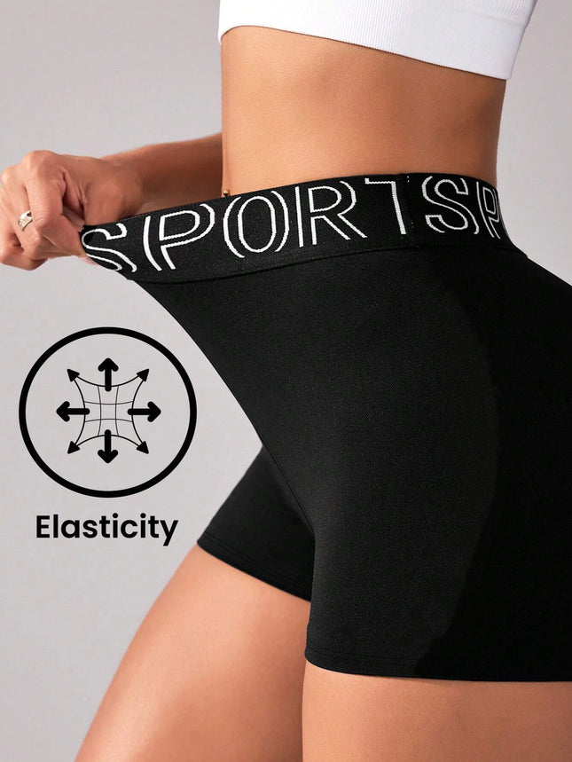 Women Leggings High Waist Letter Waistband Solid Color Sports Shorts for Breathable Quick Dry Running - product image 2