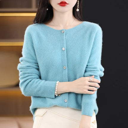 Spring and autumn new women's 100% wool knitted cardigan coat loose O-neck sweater coat fashion solid color coat