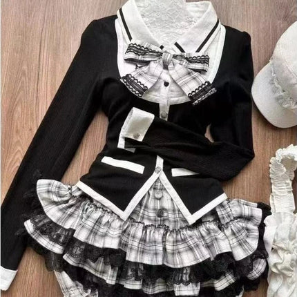 Japanese Cute Slim Women Party Dress Ruffled Lace Chic Bow Long Sleeve Kawaii Sweet Style Set Lightweight Trendy Female Design