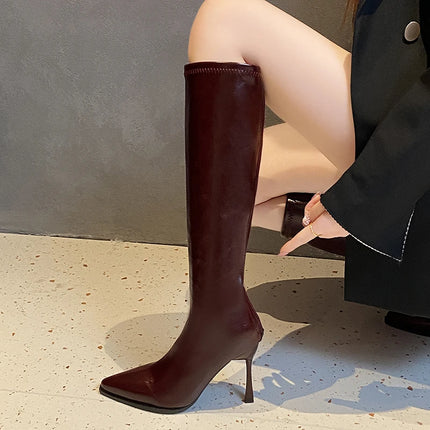 Temperament Fine Heel Single Four Seasons Pointed Head Bright Leather Cover Foot Back Zipper Non-slip High Heel Boots