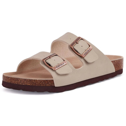 Cream two-strap buckle slide sandal with a contoured footbed