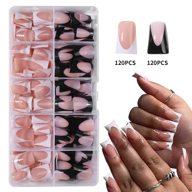 144 Uds. de uñas de pato, elegantes, simples y clásicas, francesas blancas, uñas acrílicas a presión desmontables y reutilizables que incluyen 1 lima de uñas y
