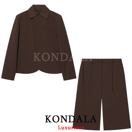 KONDALA Women Office Lady Casual Chic Brown Blazer Suit Long Sleeve Blazer Zipper Half Pants Fashion 2026 Spring Summer Suit